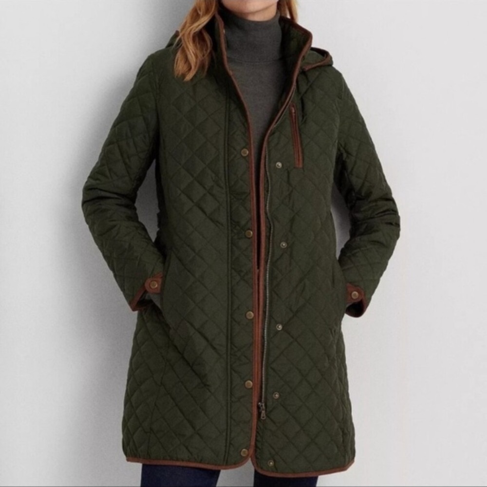 Lauren Ralph Lauren Long Olive Quilted Barn Coat Field Jacket EUC Women Plus 1X